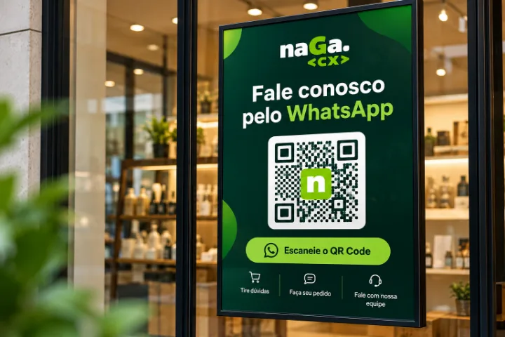 Placa na vitrine de uma loja com QR Code “Fale conosco pelo WhatsApp”
