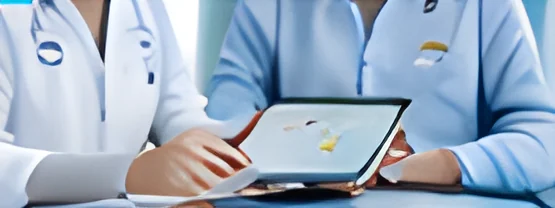 Profissionais de saúde revisando informações em um tablet